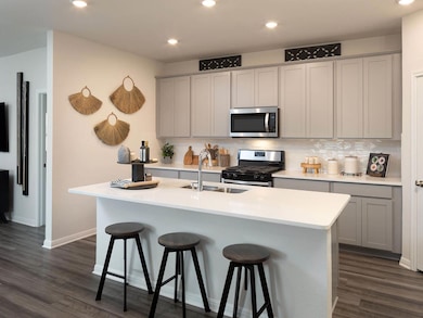 Kitchen with stainless steel appliances, gray cab
