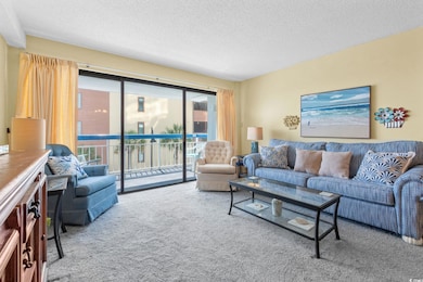 Living area featuring a textured ceiling and carpet flooring