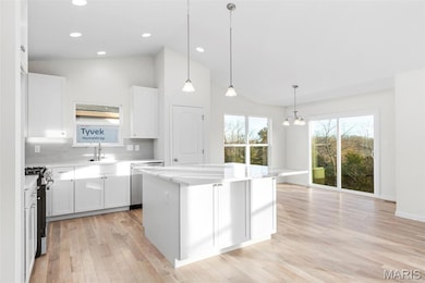 Kitchen featuring backsplash, pendant lighting, white cabinetry, a kitchen island, and stainless steel appliances