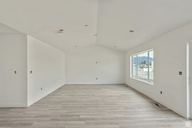 Spare room with light wood finished floors and lofted ceiling