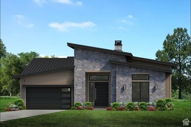 Modern home featuring an attached garage, a front yard, stone siding, a chimney, and driveway