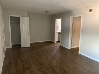 Unfurnished bedroom featuring dark wood-style flooring, a textured ceiling, and a closet