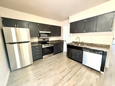 Kitchen featuring NEW stainless steel appliances, dark cabinetry, and light wood finished floors