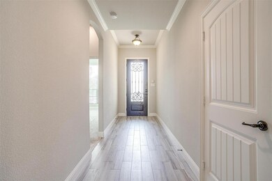 Doorway with ornamental molding and light hardwood / wood-style floors