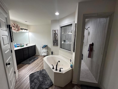 Bathroom with hardwood / wood-style floors, vanity