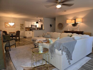 Living room featuring ceiling fan, dark wood-style flooring, a chandelier, and baseboards