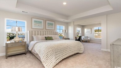 Carpeted bedroom featuring a raised ceiling and mu