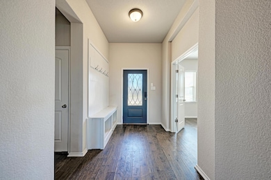 Mudroom with a textured wall and dark wood-type f