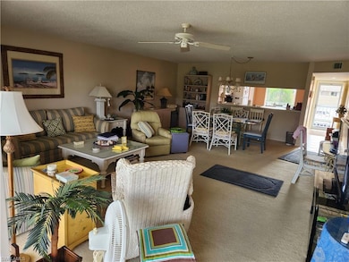 Carpeted living room with a ceiling fan and a textured ceiling