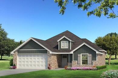 View of front facade with board and batten siding, brick siding, an attached garage, and a front yard
