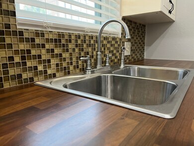 wood counters, stainless sink.