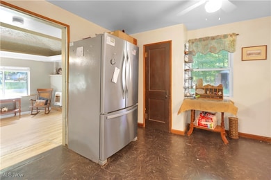 Kitchen featuring freestanding refrigerator, dark floors, and ceiling fan