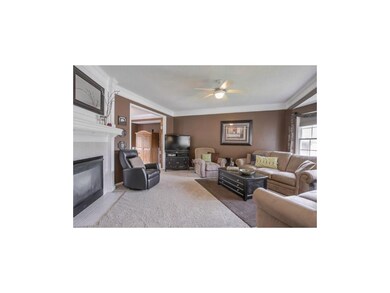 Great room with carpet flooring, fireplace and cei