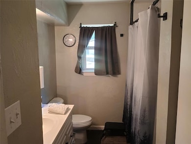 Full bathroom featuring vanity, curtained shower, and a textured wall