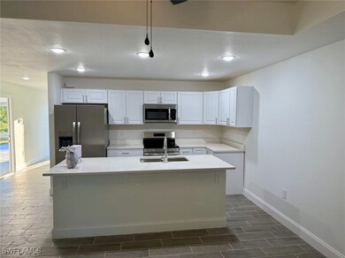 Kitchen with white cabinets, dark hardwood / wood-