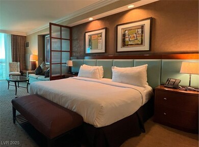 Carpeted bedroom with recessed lighting and crown