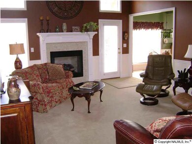 THE GREAT ROOM WITH VAULTED CEILING, OPEN FLOOR PLAN, AND GAS LOG FIREPLACE.