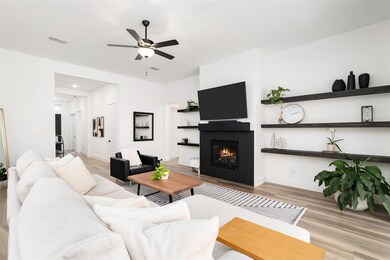 Custom shelves, floating mantel and interior tile 