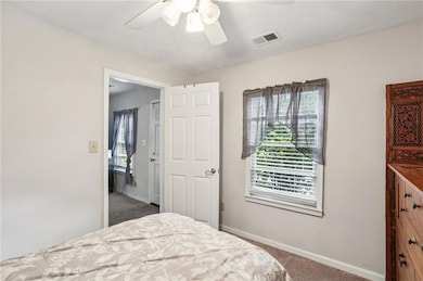 Bedroom featuring dark carpet, a ceiling fan, and multiple windows