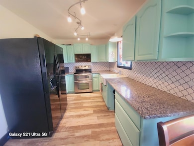 Kitchen with range, fridge, open shelves, light w