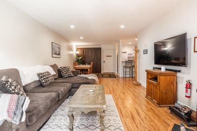 Living room with light wood-type flooring and recessed lighting