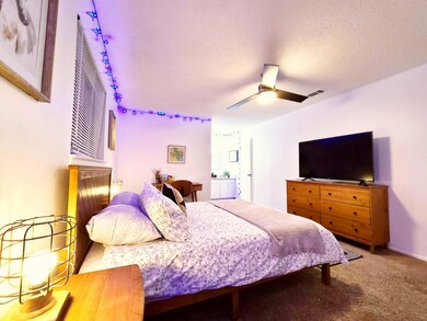 Bedroom with visible vents, a ceiling fan, and ca