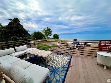 Deck featuring an outdoor living space and a mountain view