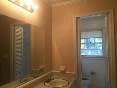 Full bathroom with vanity, crown molding, and a closet