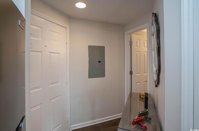 Hallway with dark hardwood / wood-style flooring