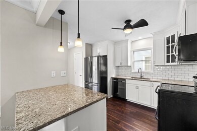 Kitchen with stainless steel appliances, white cabinets, sink, dark hardwood / wood-style flooring, and ceiling fan