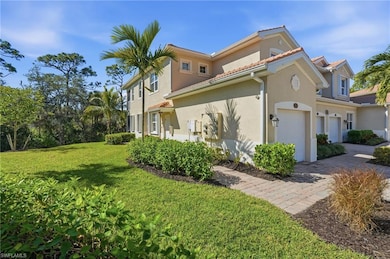 View of property exterior with a garage, a yard, stucco siding, and a tile roof