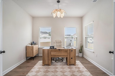 Office with wood finished floors, healthy amount of natural light, and baseboards