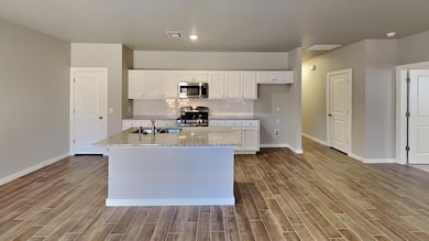 Kitchen with stainless steel appliances, white cabinetry, baseboards, and dark wood-style floors