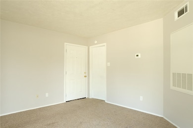 Carpeted spare room featuring visible vents, a tex