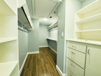 Large walk in closet with built in cabinets and dr