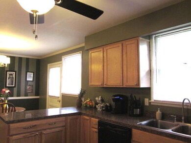 New ceiling fan, new cabinets, and new kitchen island.