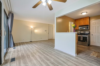 View into kitchen from dining area