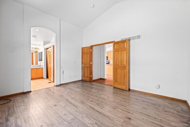 Primary bedroom, vaulted ceilings and french doors