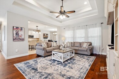 Living room with crown molding, dark hardwood / wood-style floors, ceiling fan with notable chandelier, and a raised ceiling