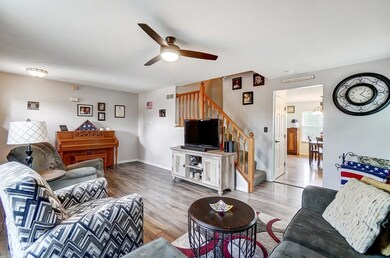 Living Room with new flooring, ceiling fan with light.