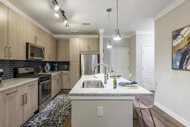 Kitchen with tasteful backsplash, stainless steel appliances, sink, a kitchen island with sink, and dark hardwood / wood-style floors