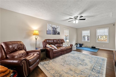 Living area featuring dark wood-style flooring, a textured ceiling, and ceiling fan