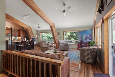 Living room featuring ceiling fan, wood finished floors, and rail lighting