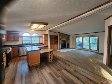 Kitchen with vaulted ceiling, a stone fireplace, appliances with stainless steel finishes, healthy amount of natural light, and a textured ceiling