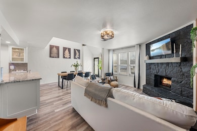 Living area with a textured ceiling, a stone fire