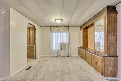 Carpeted spare room featuring arched walkways and a textured ceiling