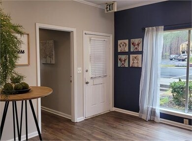 Foyer featuring a wealth of natural light, dark hardwood / wood-style floors, and crown molding