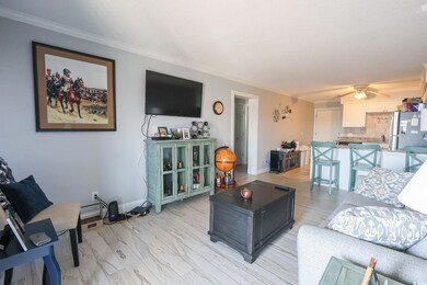 Living room with ornamental molding, light wood-st