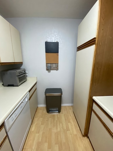 Galley style kitchen with pantry shown on right