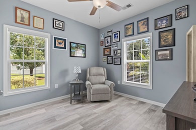 Sitting room with light wood-style flooring, ceiling fan, and plenty of natural light